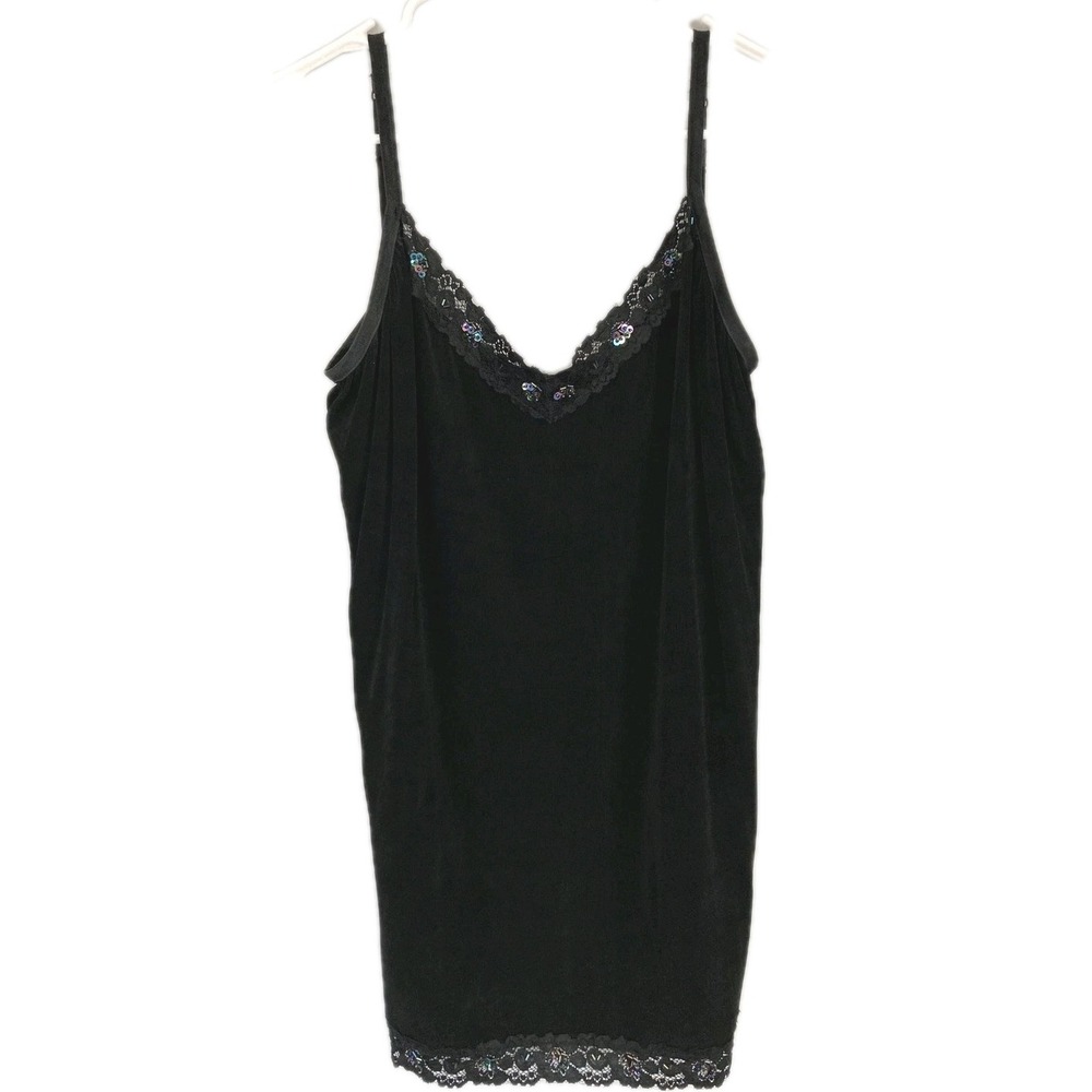 Vikki Vi Slip Women 1X Blk Slinky Lace Sequin Chemise Adjustable Babydoll NWT